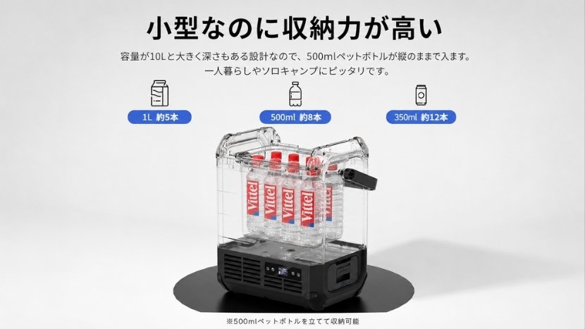 10L容量で飲み物・軽食をまとめて収納できる