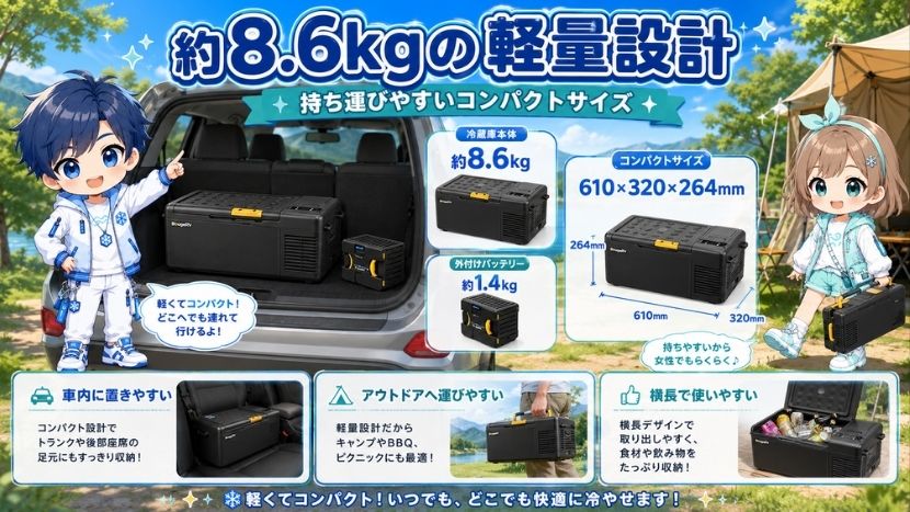 約8.6kgの軽量設計｜車内やアウトドアへ持ち運びやすい