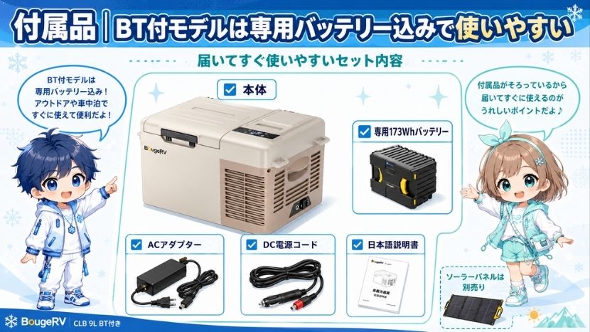 付属品|BT付モデルは専用バッテリー込みで使いやすい
