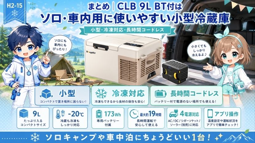 まとめ|CLB 9L BT付はソロ・車内用に使いやすい小型冷蔵庫