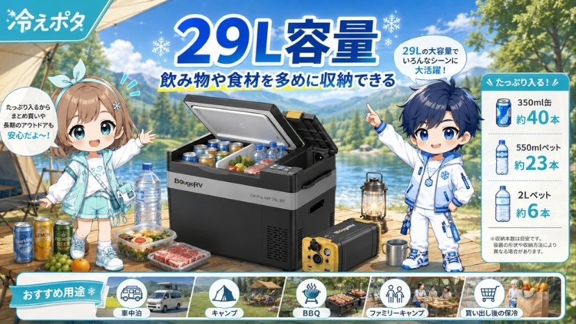 29L容量｜飲み物や食材を多めに収納できる
