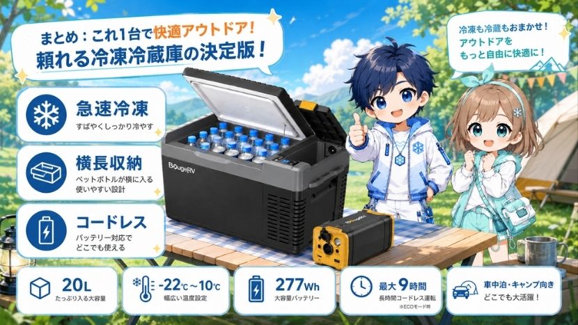 まとめ|BougeRV CR Pro 20Lは急速冷凍と横長収納に強いポータブル冷蔵庫
