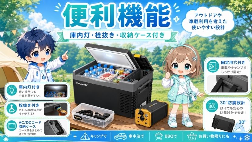 便利機能|庫内灯・栓抜き・収納ケース付き