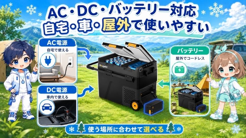 AC・DC・バッテリー対応|自宅・車・屋外で使える