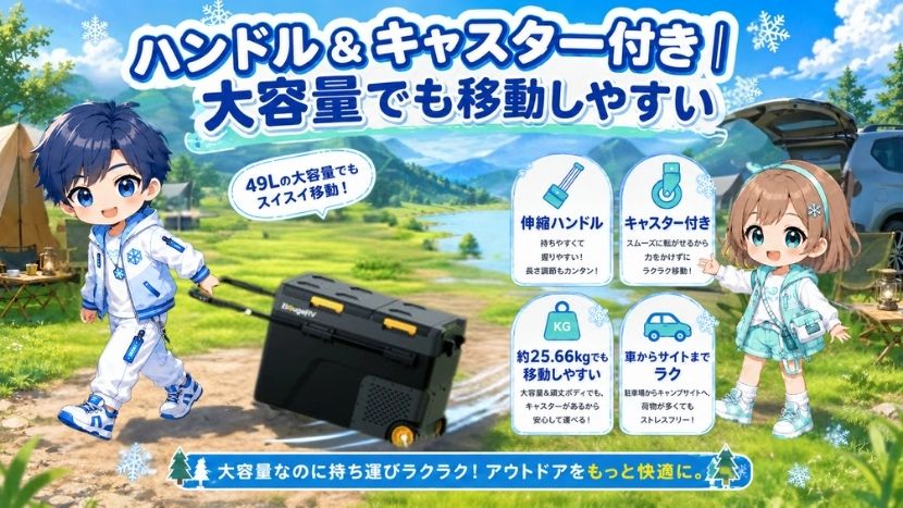 ハンドル&キャスター付き|大容量でも移動しやすい