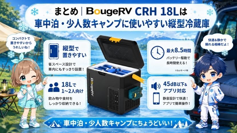 まとめ|BougeRV CRH 18Lは車中泊・少人数キャンプに使いやすい縦型冷蔵庫