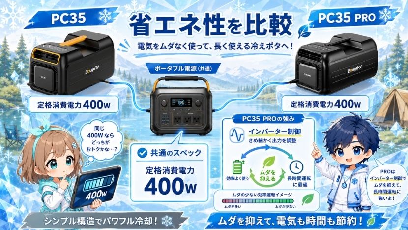 違い③ 省エネ性比較｜PC35 PROはインバーターコンプレッサー搭載
