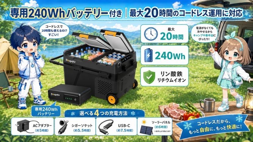 専用240Whバッテリー付｜最大20時間のコードレス運用に対応