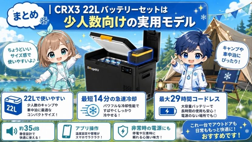 まとめ｜CRX3 22Lバッテリーセットは少人数向けの実用モデル