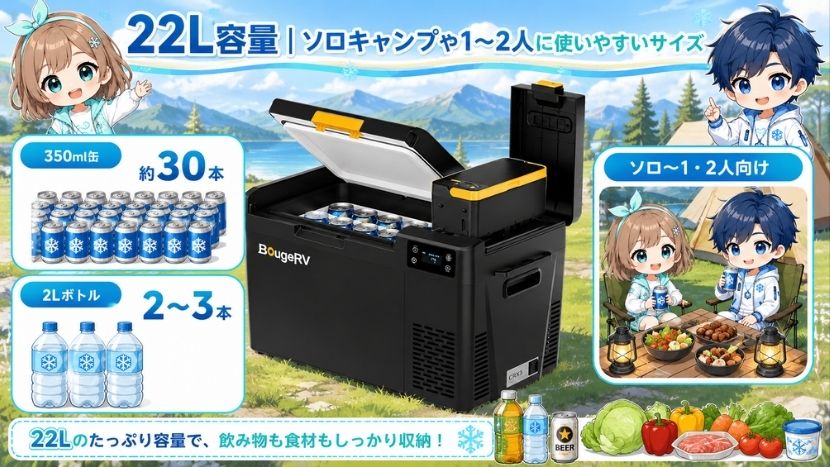 22L容量｜ソロキャンプや1〜2人に使いやすいサイズ