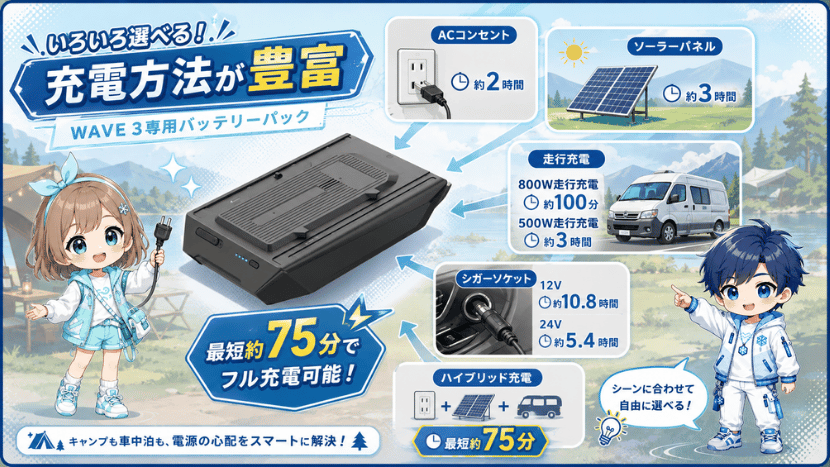 充電方法｜AC・ソーラー・走行充電・シガーソケットに対応