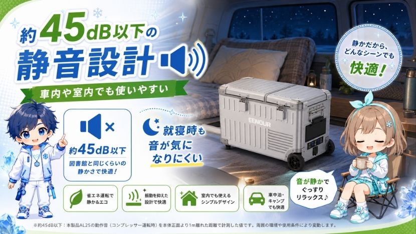 約45dB以下の静音設計｜車内や室内でも使いやすい