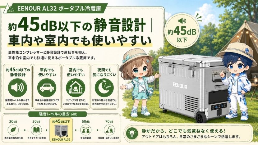 約45dB以下の静音設計｜車内や室内でも使いやすい