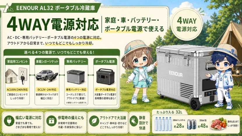 4WAY電源対応｜家庭・車・バッテリー・ポータブル電源で使える