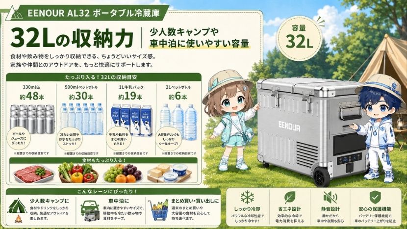 32Lの収納力｜少人数キャンプや車中泊に使いやすい容量