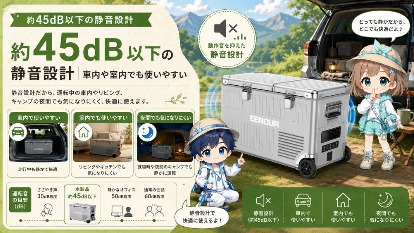 約45dB以下の静音設計|車内や室内でも使いやすい