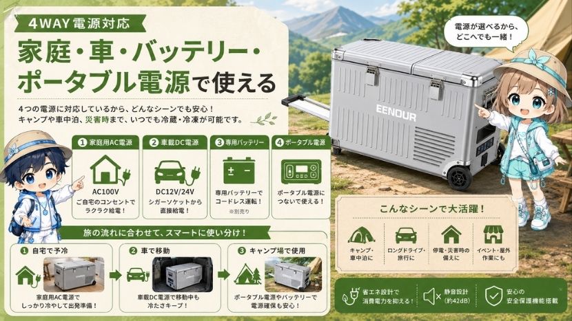 4WAY電源対応|家庭・車・バッテリー・ポータブル電源で使える