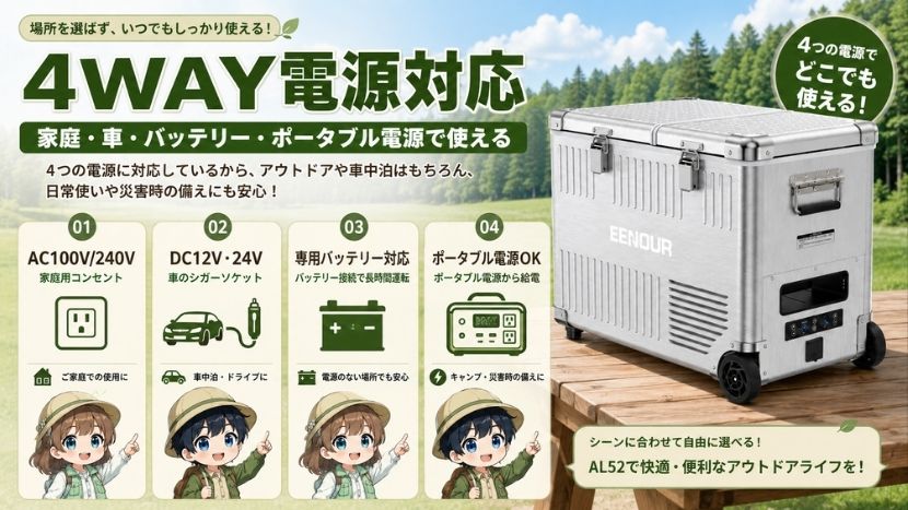 4WAY電源対応｜家庭・車・バッテリー・ポータブル電源で使える