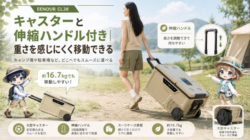 キャスターと伸縮ハンドル付き｜重さを感じにくく移動できる