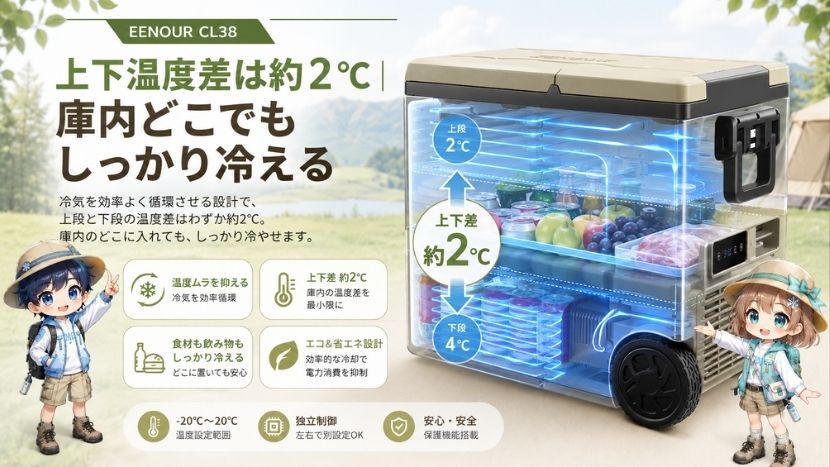 上下温度差は約2℃｜庫内どこでもしっかり冷える