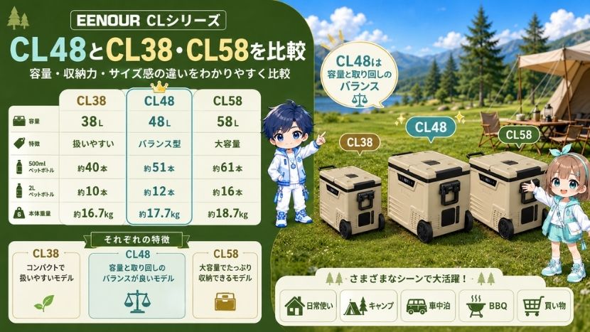 EENOUR CL48とCL38・CL58のスペックを比較