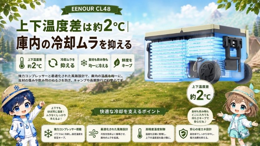 上下温度差は約2℃｜庫内の冷却ムラを抑える