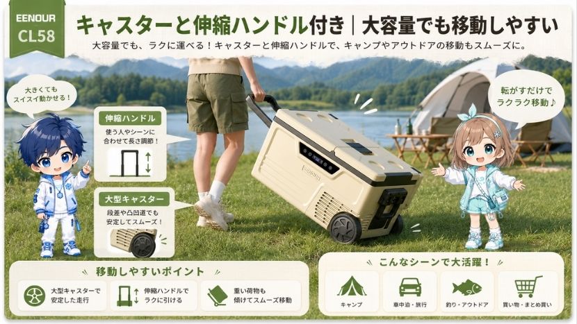 キャスターと伸縮ハンドル付き｜大容量でも移動しやすい