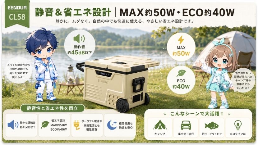 静音＆省エネ設計｜MAX約50W・ECO約40W
