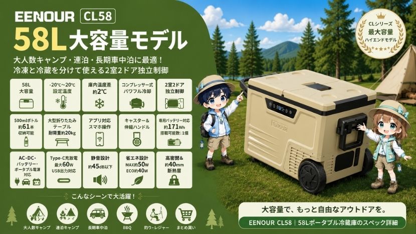EENOUR ポータブル冷蔵庫CL58 スペック