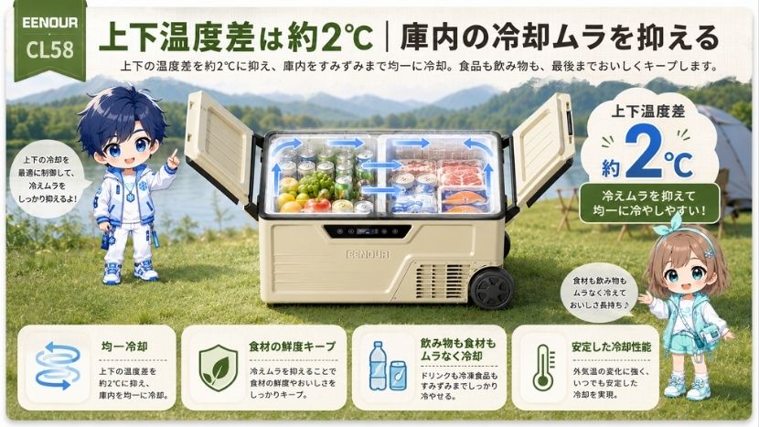 上下温度差は約2℃｜庫内の冷却ムラを抑える
