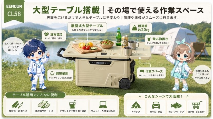 大型テーブル搭載｜その場で使える作業スペース