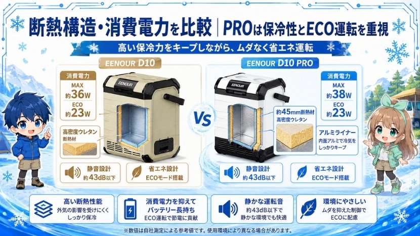 断熱構造・消費電力を比較｜PROは保冷性とECO運転を重視