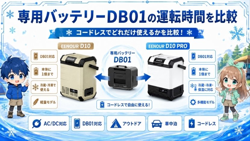 専用バッテリーDB01の運転時間を比較