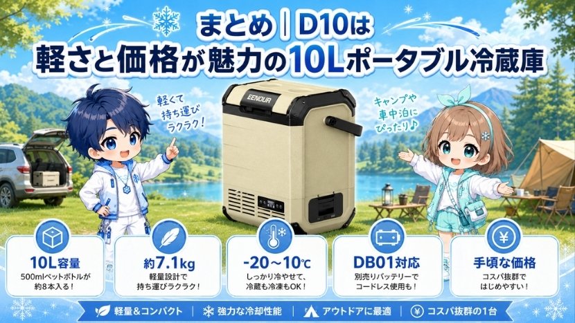 まとめ｜D10は軽さと価格が魅力の10Lポータブル冷蔵庫