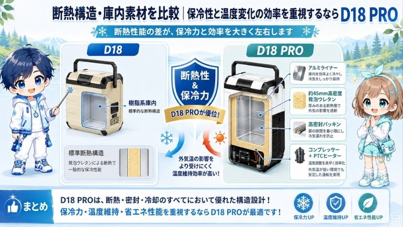 断熱構造・庫内素材を比較｜保冷性と温度変化の効率を重視するならD18 PRO