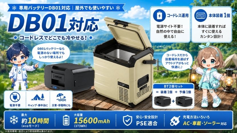 専用バッテリーDB01対応|屋外でも使いやすい