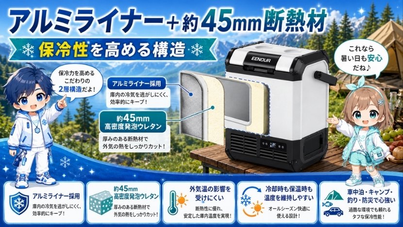 アルミライナー＋約45mm断熱材｜保冷性を高める構造