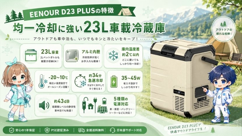 EENOUR D23 PLUSの特徴|均一冷却に強い23L車載冷蔵庫