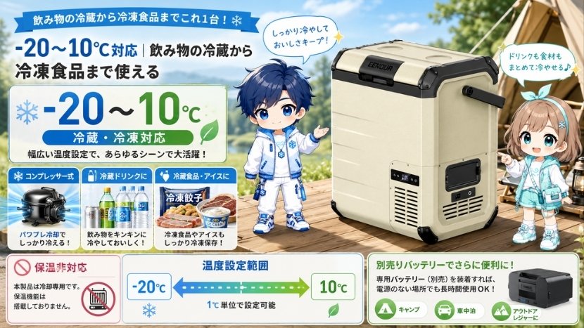 -20〜10℃対応｜飲み物の冷蔵から冷凍食品まで使える