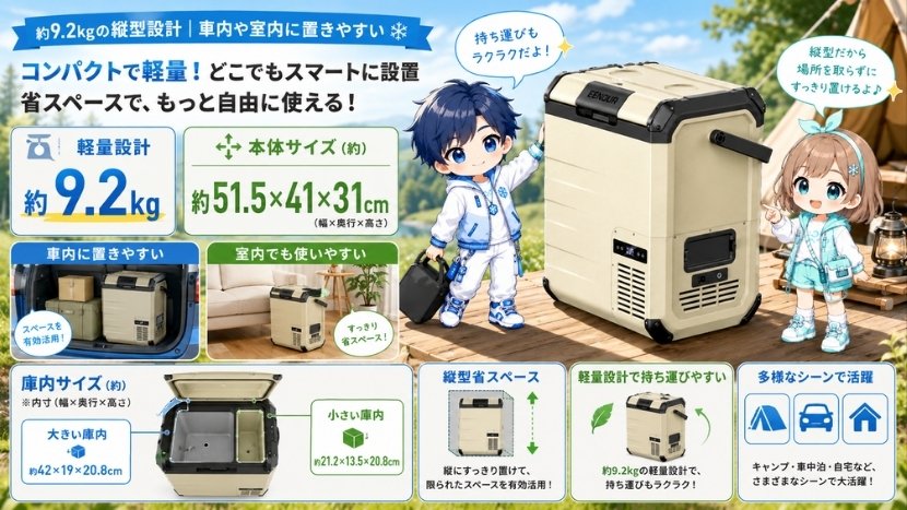 約9.2kgの縦型設計｜車内や室内に置きやすい