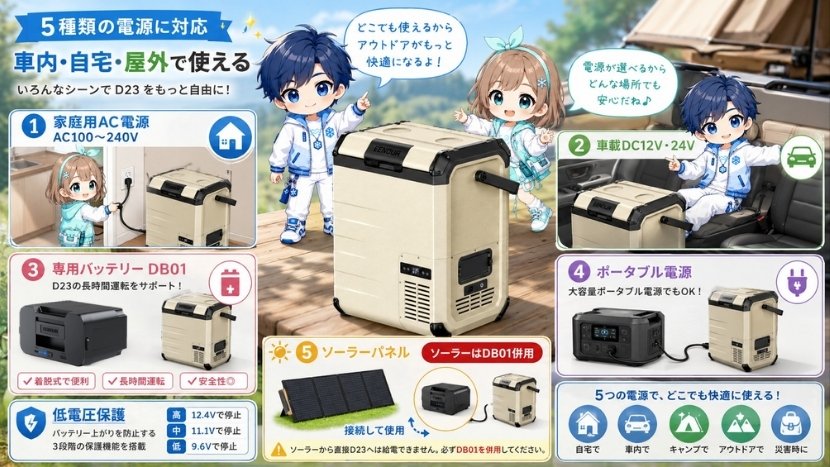5種類の電源に対応｜車内・自宅・屋外で使える