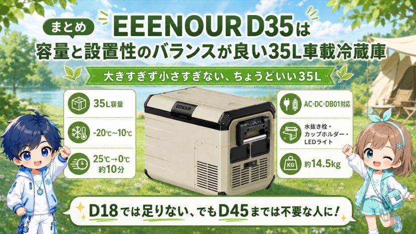 まとめ｜EENOUR D35は容量と設置性のバランスが良い35L車載冷蔵庫