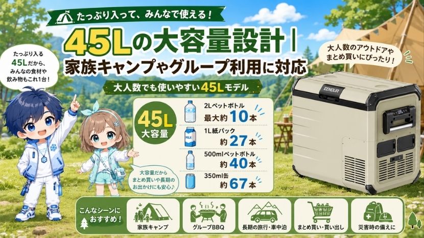 45Lの大容量設計｜家族キャンプやグループ利用に対応