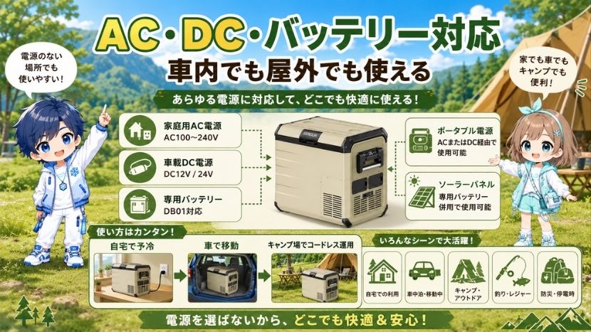 AC・DC・バッテリー対応｜車内でも屋外でも使える