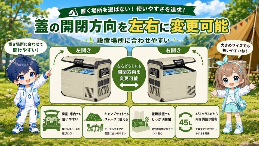 蓋の開閉方向を左右に変更可能｜設置場所に合わせやすい