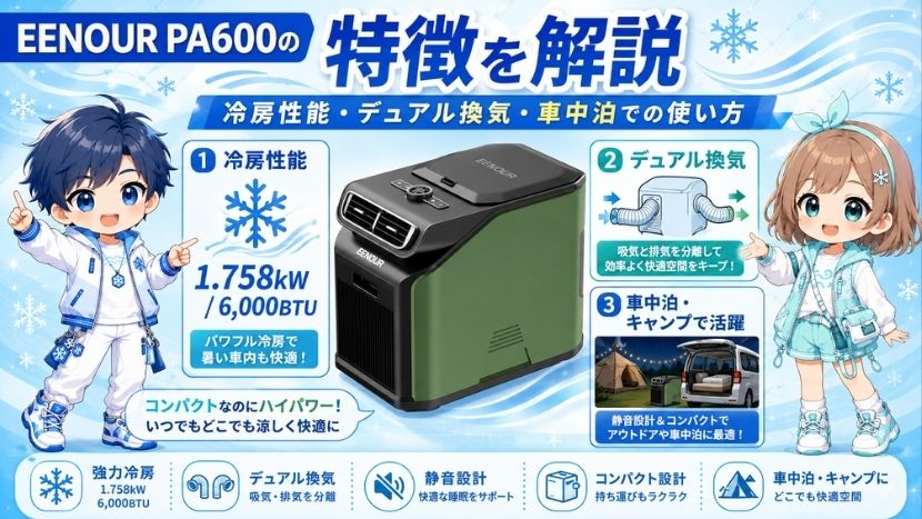 EENOUR PA600の特徴を解説｜冷房性能・デュアル換気・車中泊での使い方