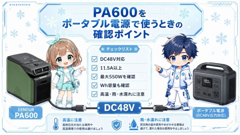 PA600をポータブル電源で使うときの確認ポイント