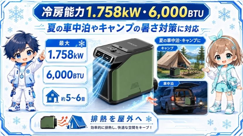 冷房能力1.758kW・6,000BTU｜夏の車中泊やキャンプの暑さ対策に対応