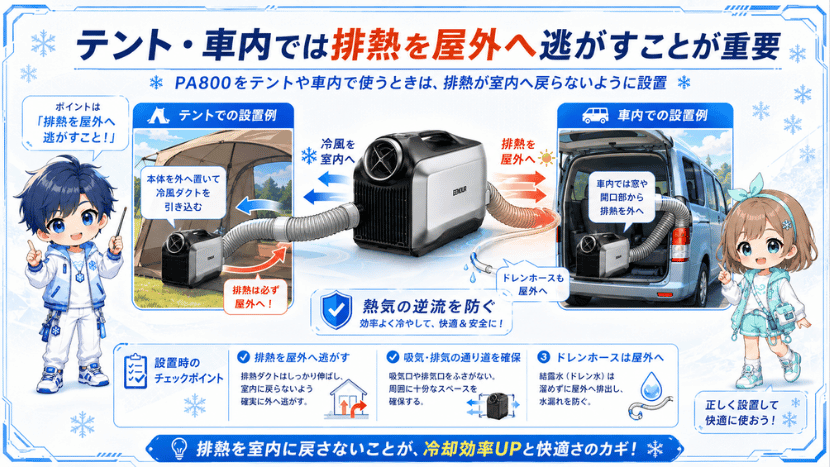 テント・車内では排熱を屋外へ逃がすことが重要