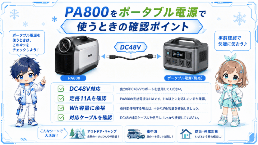 PA800をポータブル電源で使うときの確認ポイント
